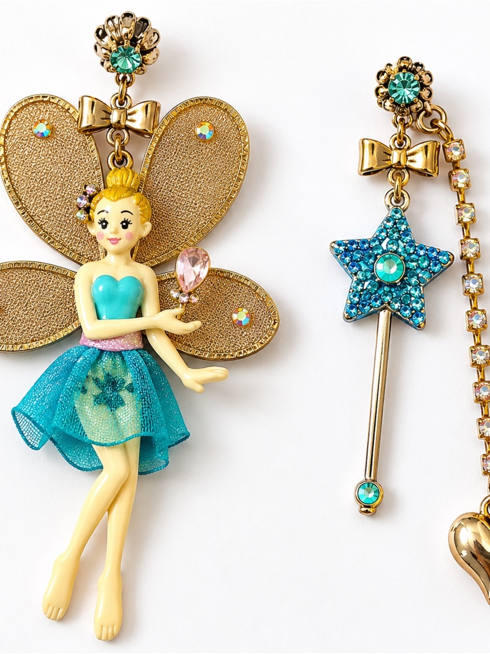 Betsey Johnson Fairy Mismatched Earrings Rhinestone Star Wand Gold Tone Dangle